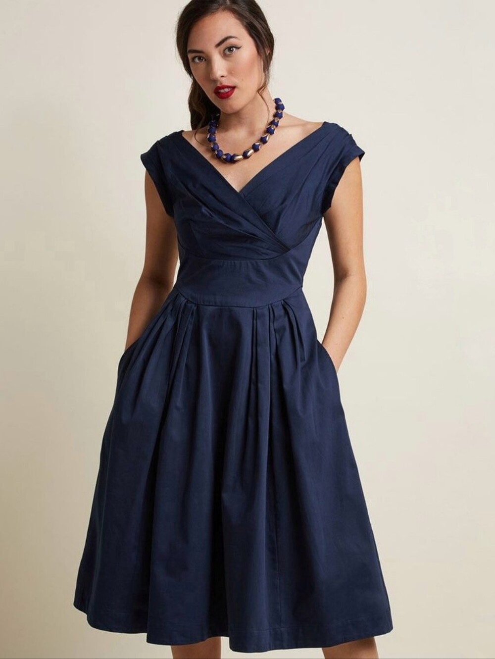 Emily & Fin Florence swing dress dark navy blue retro pinup midi women's XS NWT